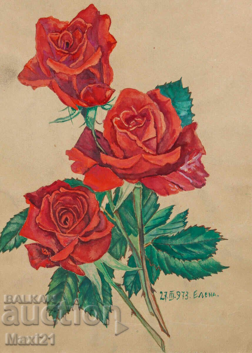 Δημοπρασία Πίνακας νεκρής φύσης, ακουαρέλα, τριαντάφυλλα, υπογεγραμμένος, 1973