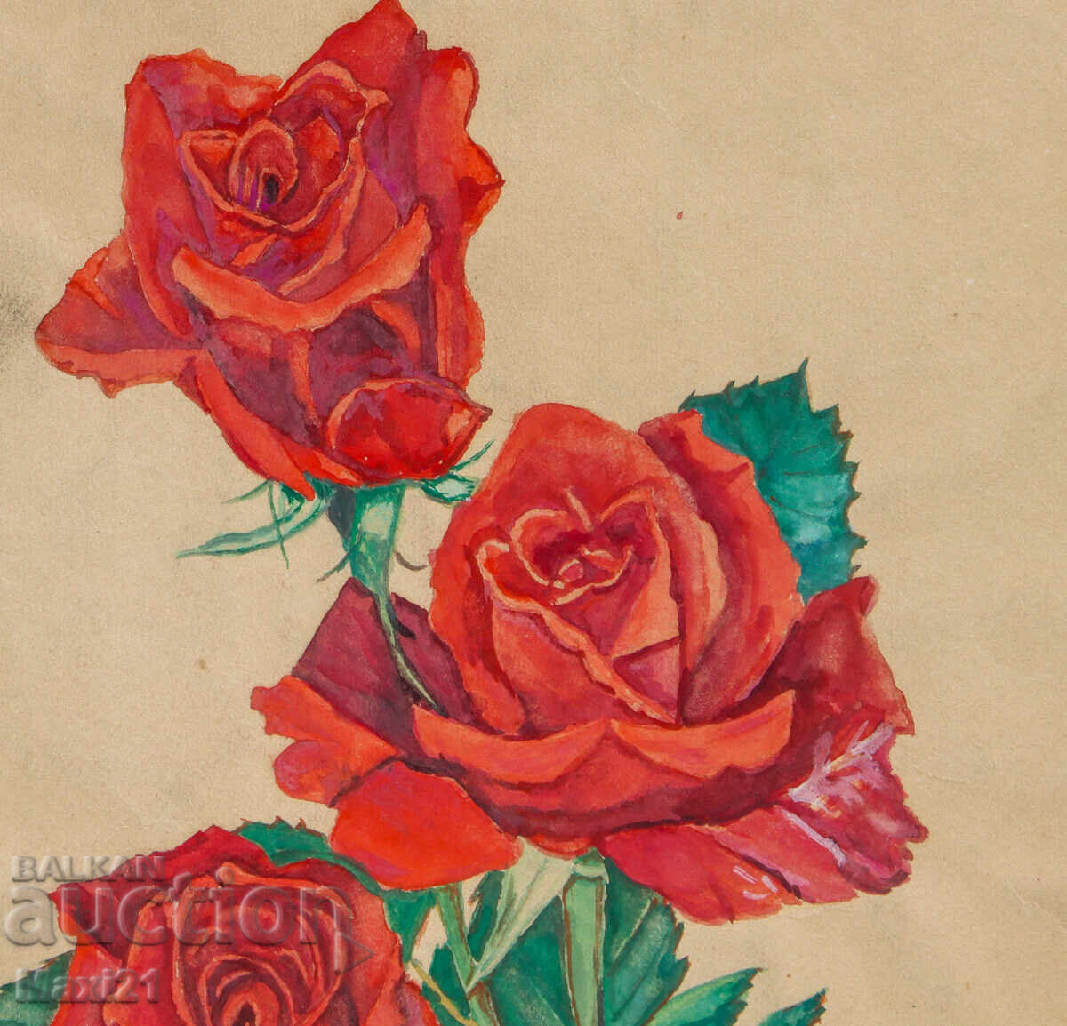 Παράδοση Πίνακας νεκρής φύσης, ακουαρέλα, τριαντάφυλλα, υπογεγραμμένος, 1973