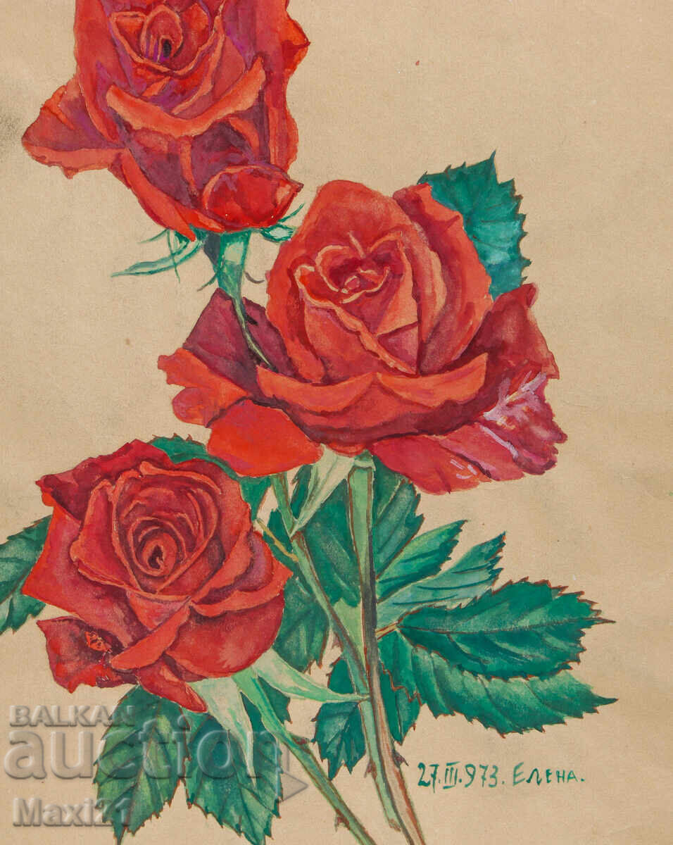 Πίνακας νεκρής φύσης, ακουαρέλα, τριαντάφυλλα, υπογεγραμμένος, 1973 - 5