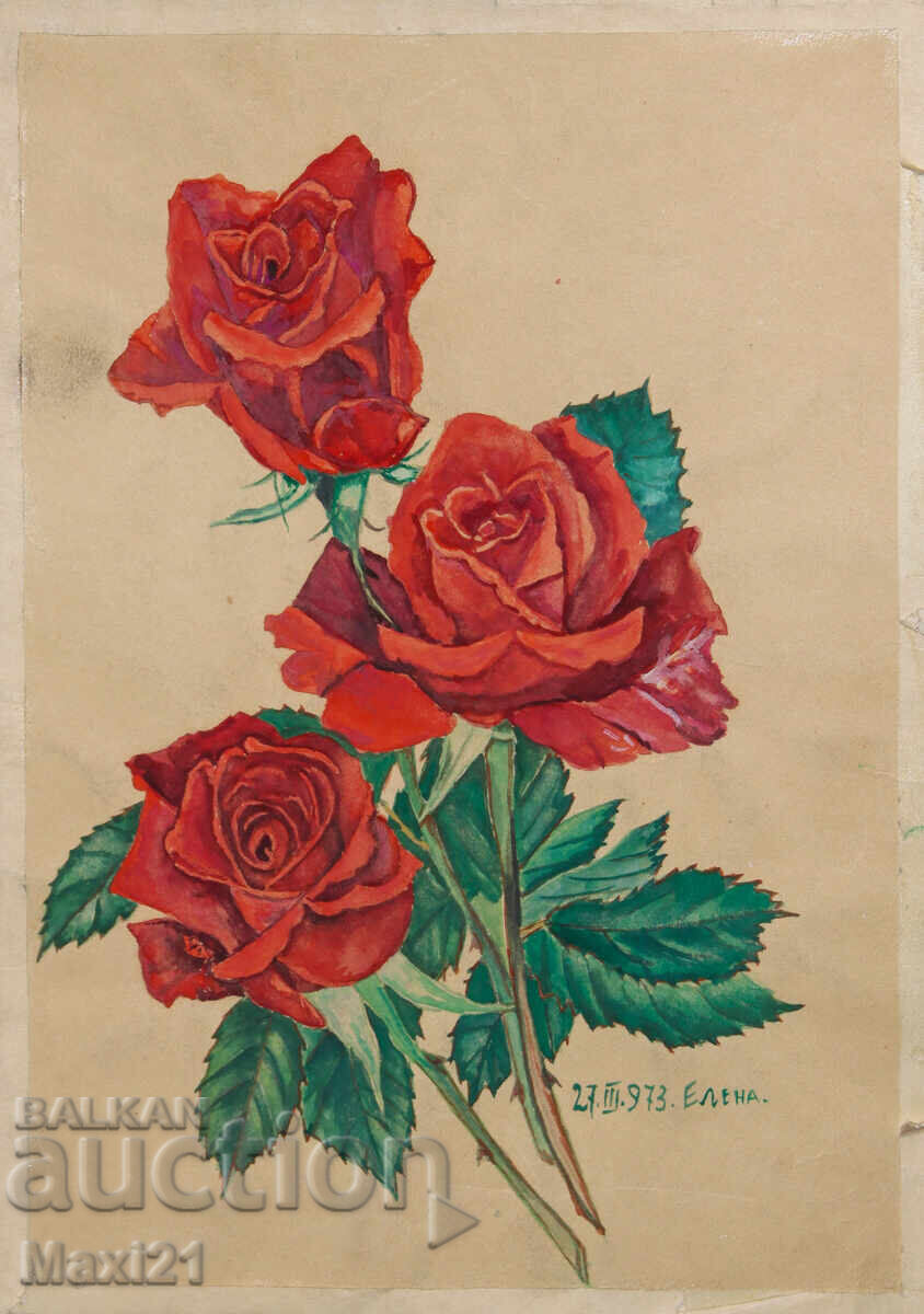 Πίνακας νεκρής φύσης, ακουαρέλα, τριαντάφυλλα, υπογεγραμμένος, 1973