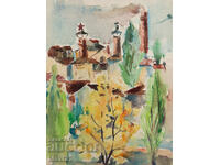 Painting watercolor cityscape