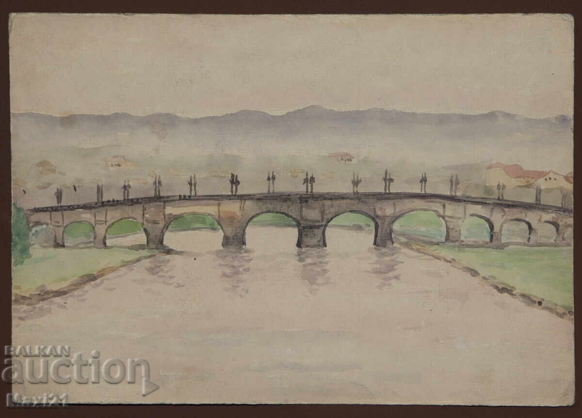 Παλιός πίνακας ακουαρέλα τοπίο γέφυρα με τιμή 120.00 BGN | € 61.36