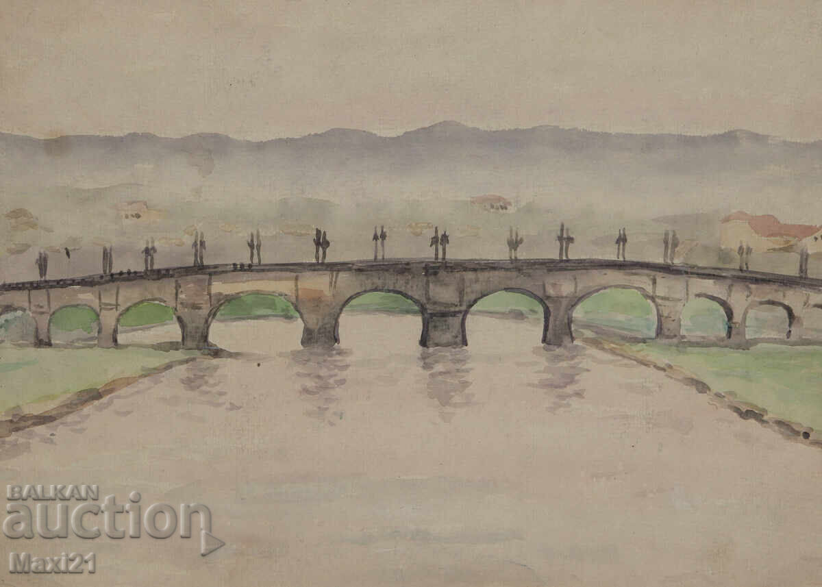 Δημοπρασία Παλιός πίνακας ακουαρέλα τοπίο γέφυρα