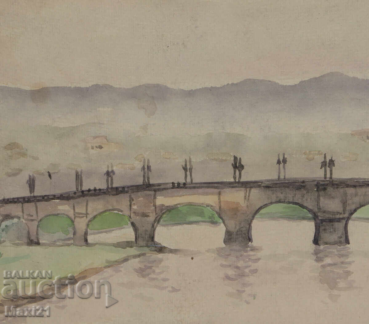 Παράδοση Παλιός πίνακας ακουαρέλα τοπίο γέφυρα