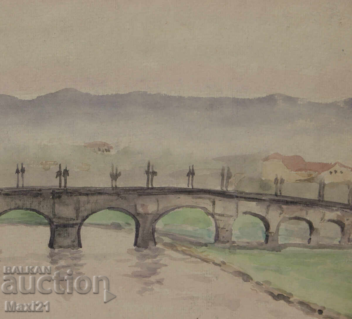 Παλιός πίνακας ακουαρέλα τοπίο γέφυρα - 5