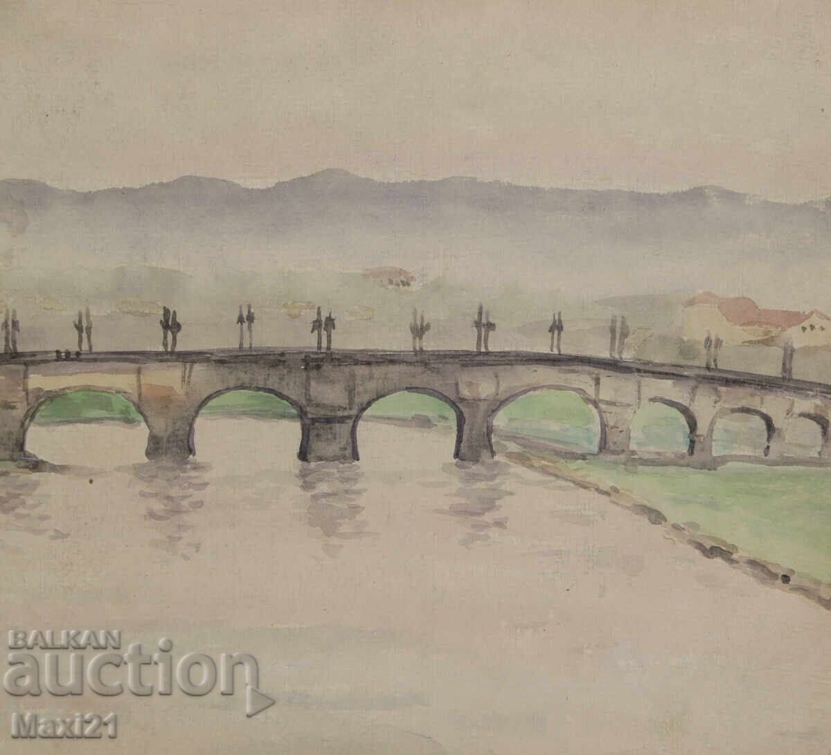 Παλιός πίνακας ακουαρέλα τοπίο γέφυρα - 6