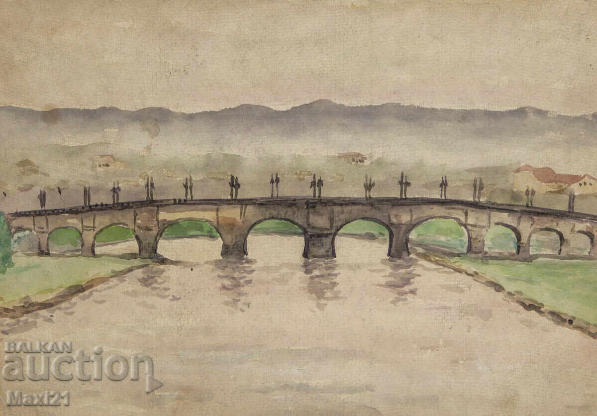 Παλιός πίνακας ακουαρέλα τοπίο γέφυρα