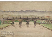 Стара картина акварел пейзаж мост