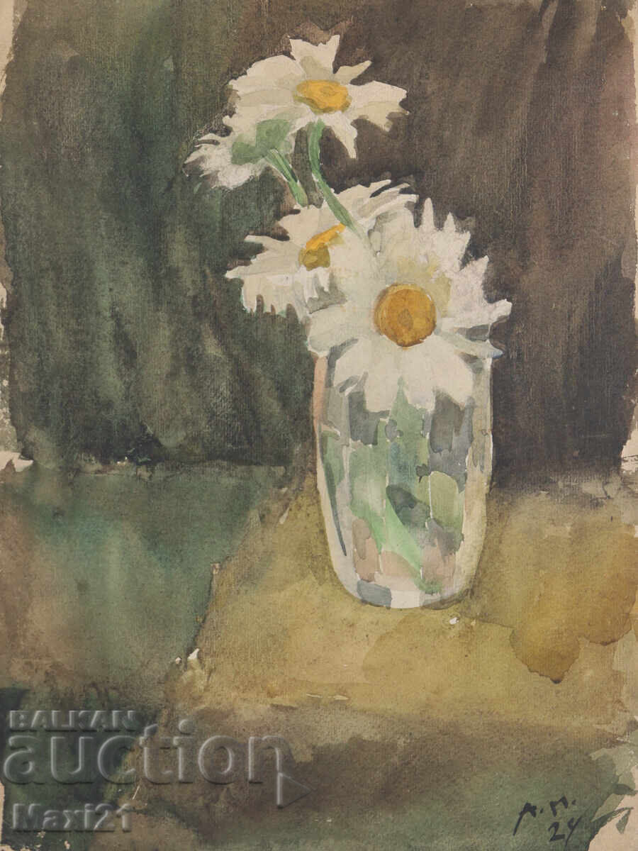 Auction  Watercolor painting still life vase with flowers