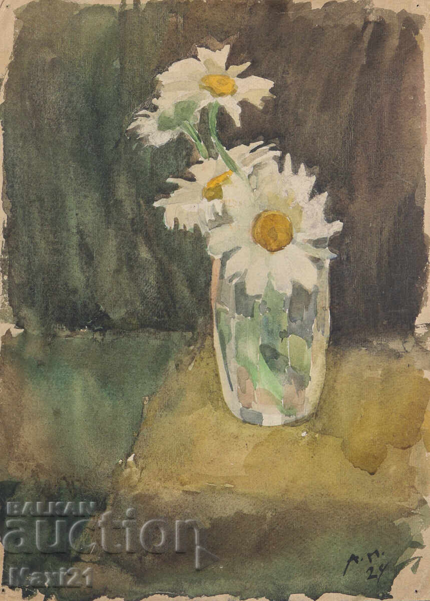 Watercolor painting still life vase with flowers