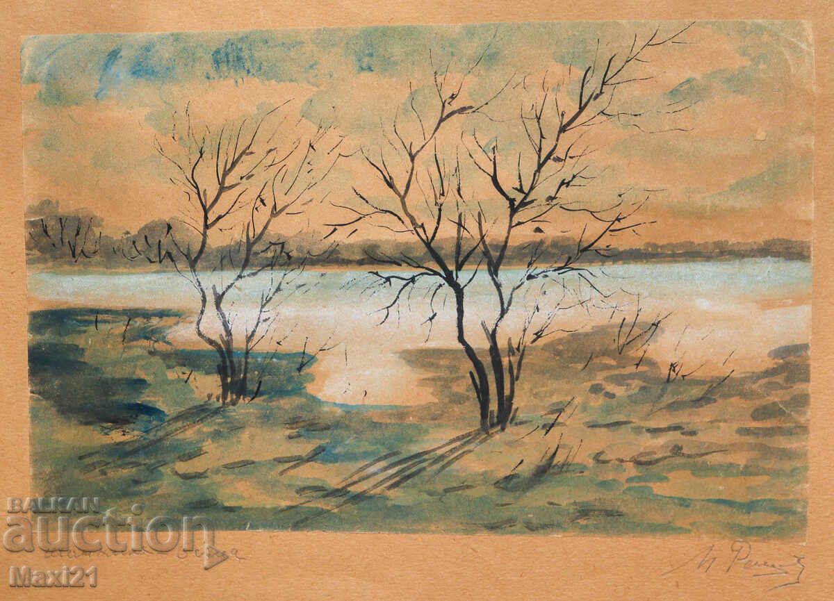 Old landscape watercolor painting, signed