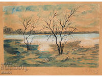 Old landscape watercolor painting, signed