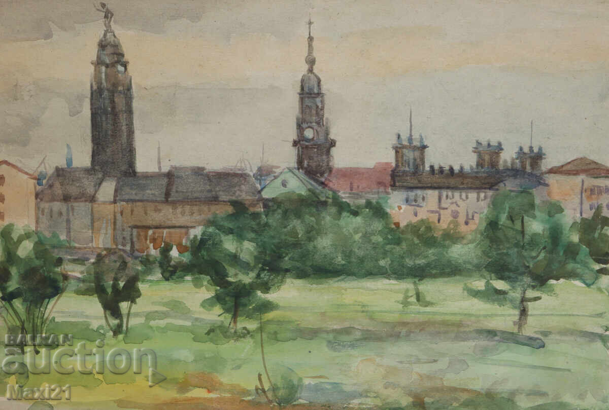 Auction  Old watercolor painting cityscape