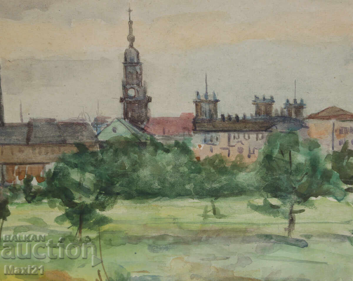 Old watercolor painting cityscape - 5