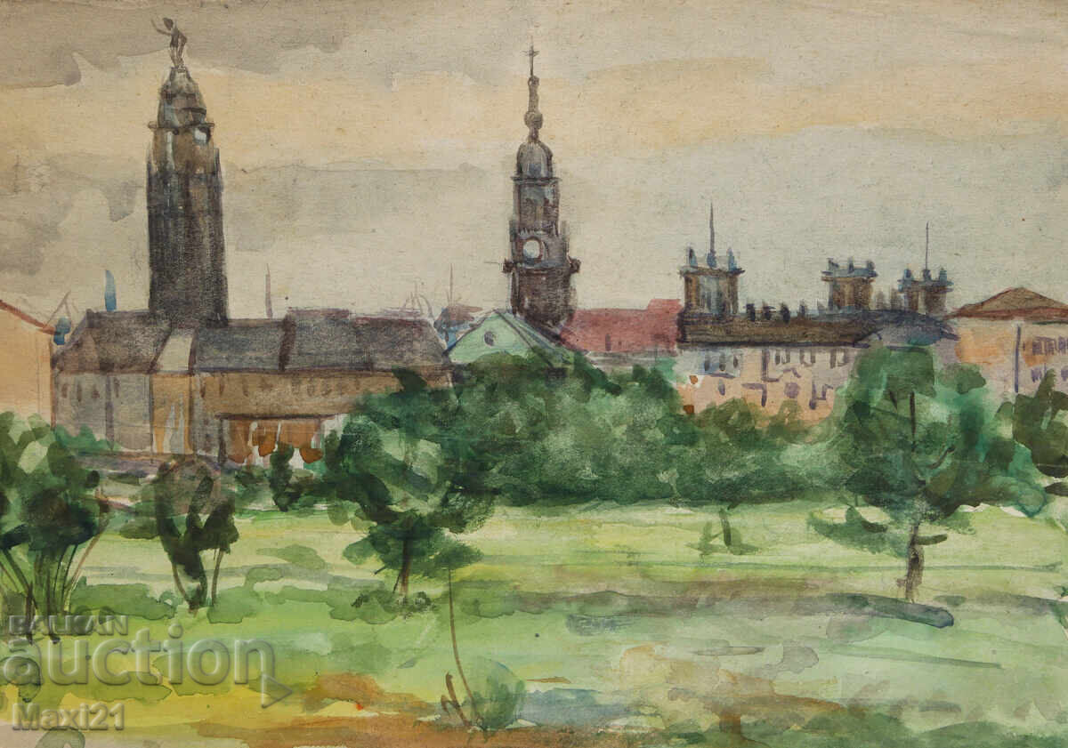 Old watercolor painting cityscape