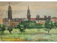 Old watercolor painting cityscape