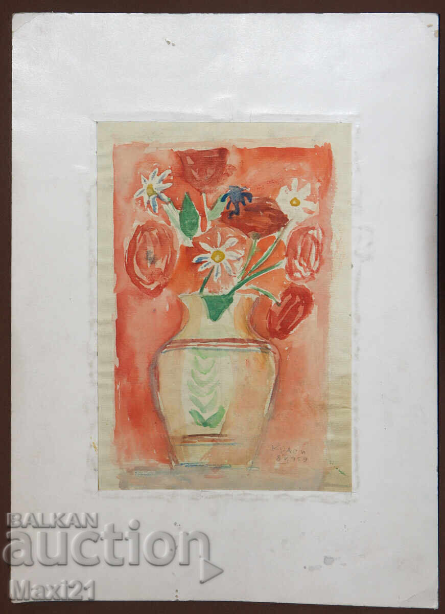 Still life painting watercolor vase with flowers 1959 with price 130.00 BGN | € 66.47 Still life painting watercolor vase with flowers 1959 with price 130.00 BGN | € 66.47