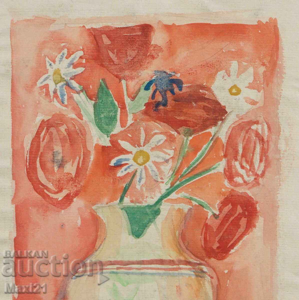 Auction Still life painting watercolor vase with flowers 1959 Auction Still life painting watercolor vase with flowers 1959