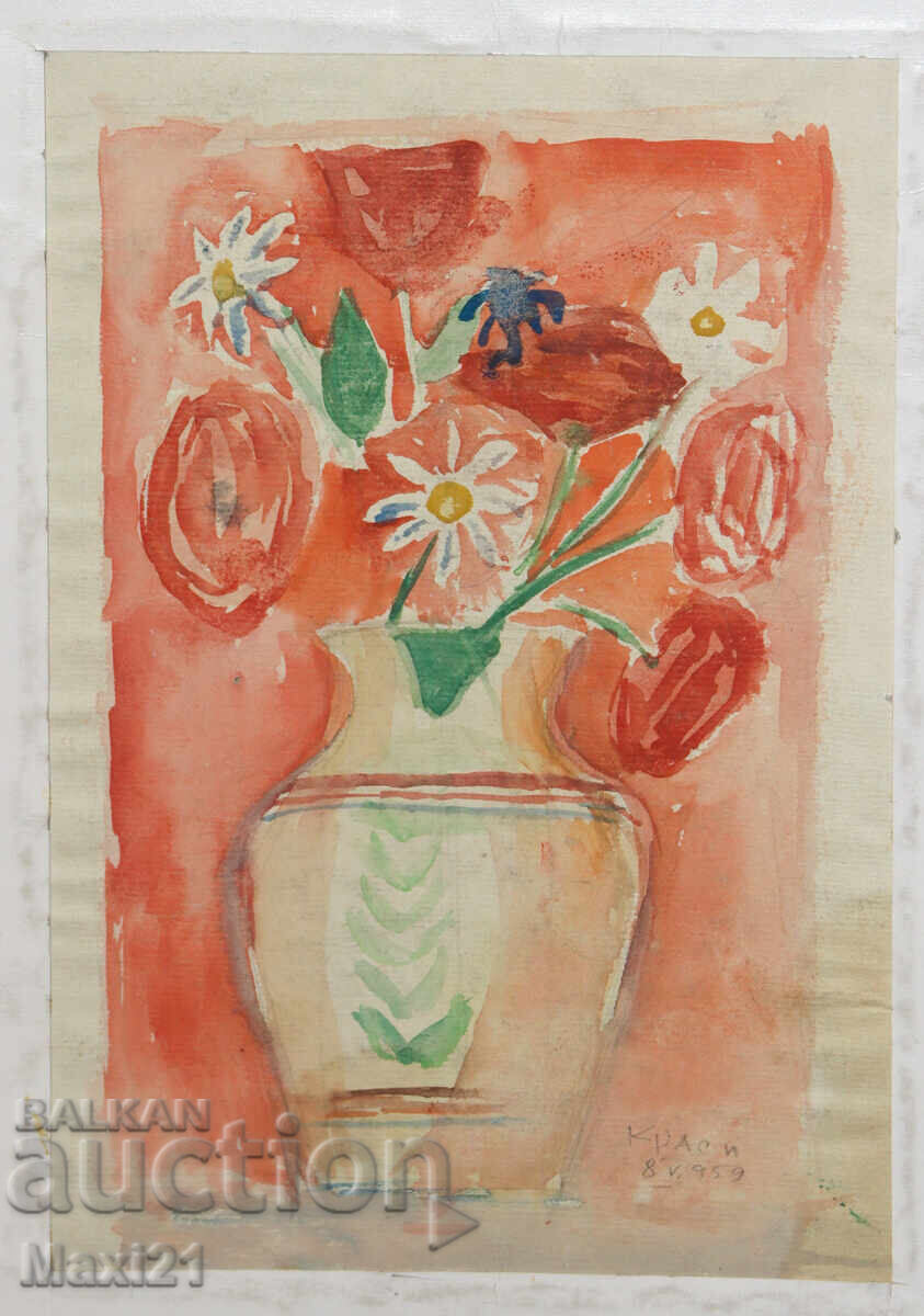 Still life painting watercolor vase with flowers 1959 Still life painting watercolor vase with flowers 1959