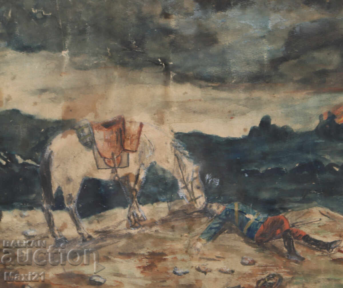 Delivery of Old watercolor painting landscape of the battlefield