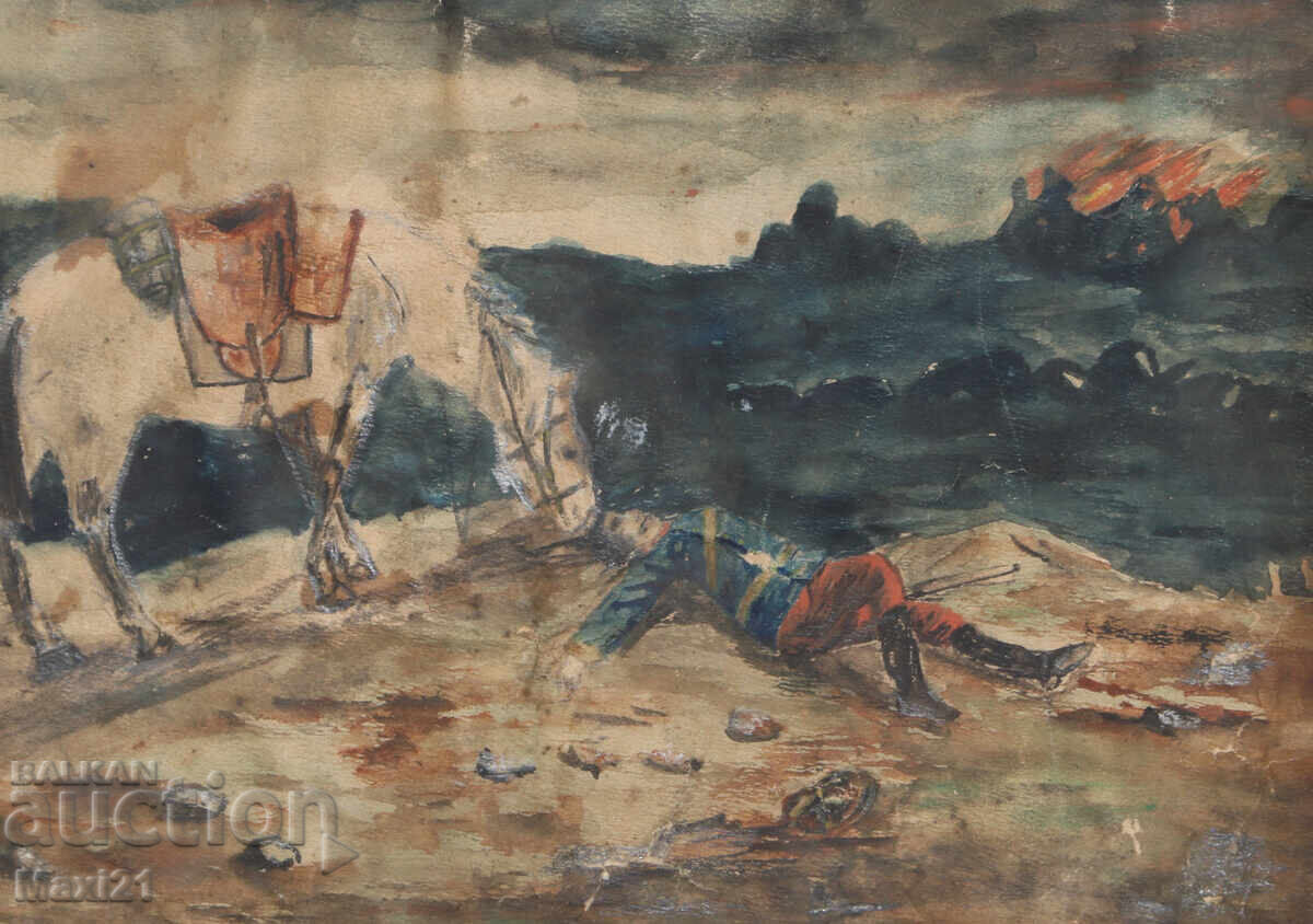 Old watercolor painting landscape of the battlefield - 5