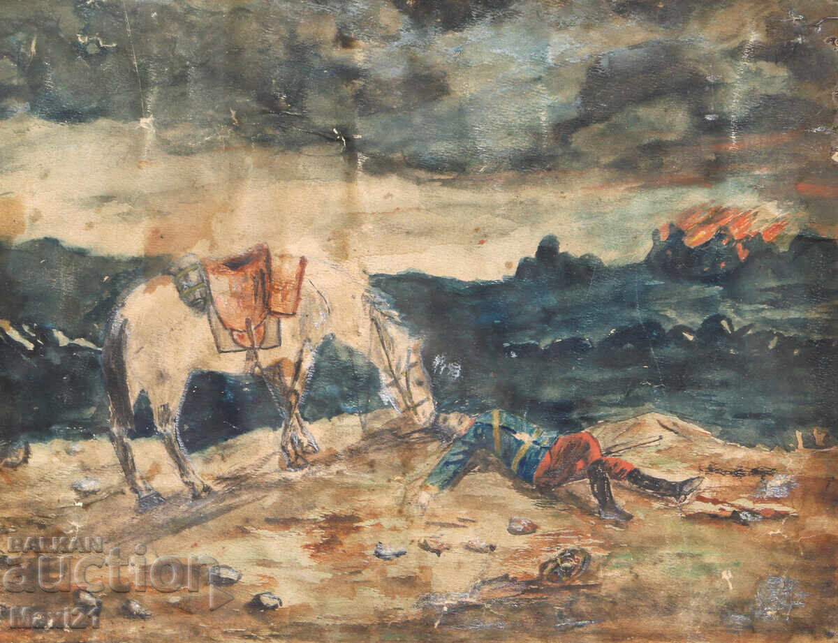 Old watercolor painting landscape of the battlefield