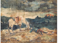 Old watercolor painting landscape of the battlefield