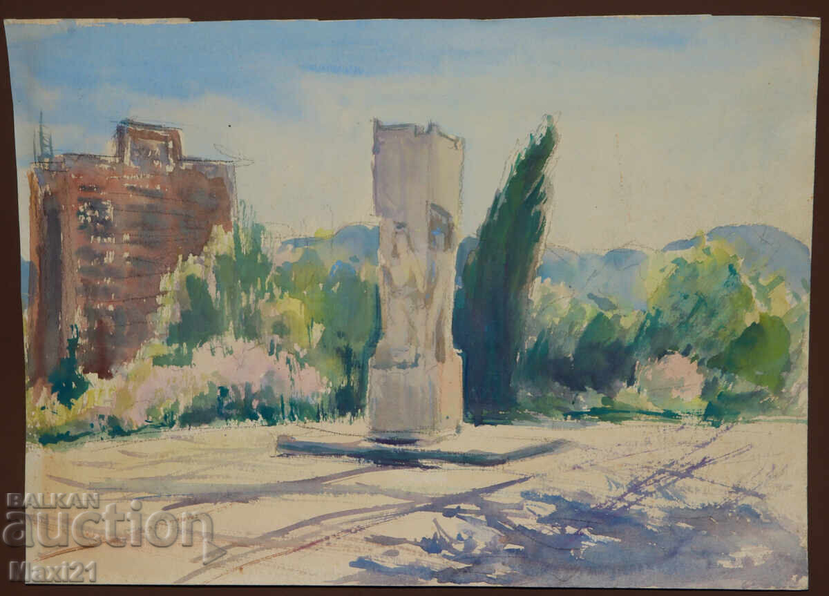 Veche pictură acuarelă peisaj urban monument cu preț 150.00 BGN | € 76.69