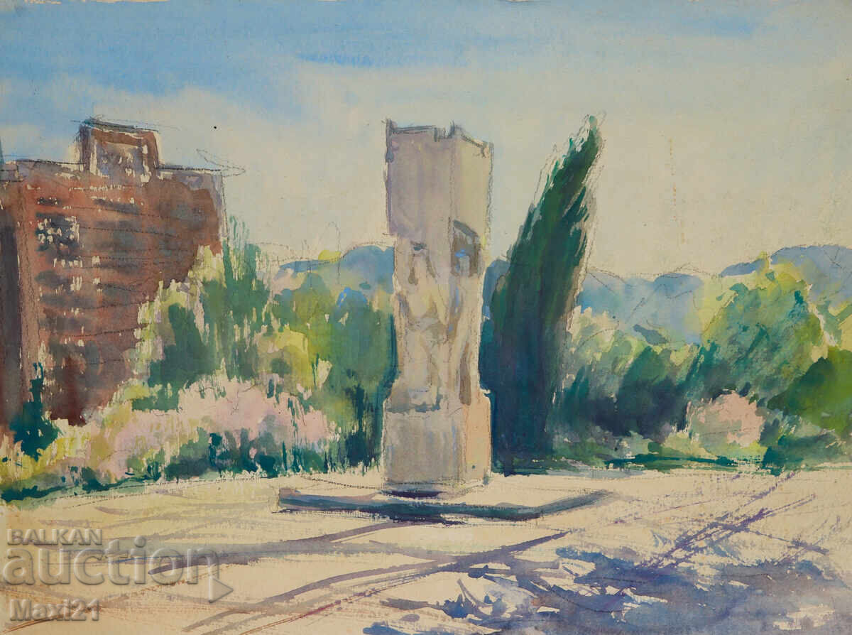 Licitație Veche pictură acuarelă peisaj urban monument