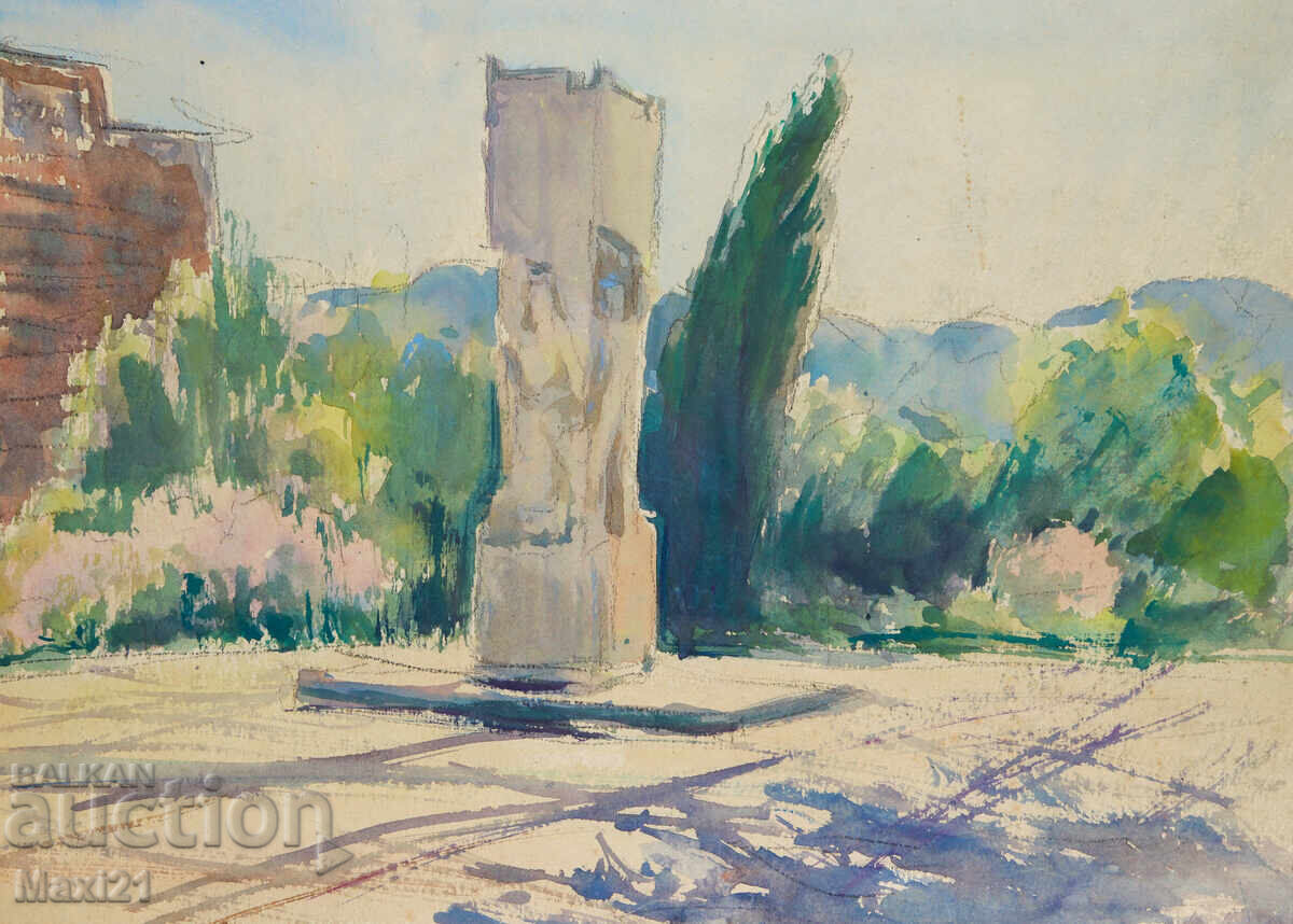 Veche pictură acuarelă peisaj urban monument - 5