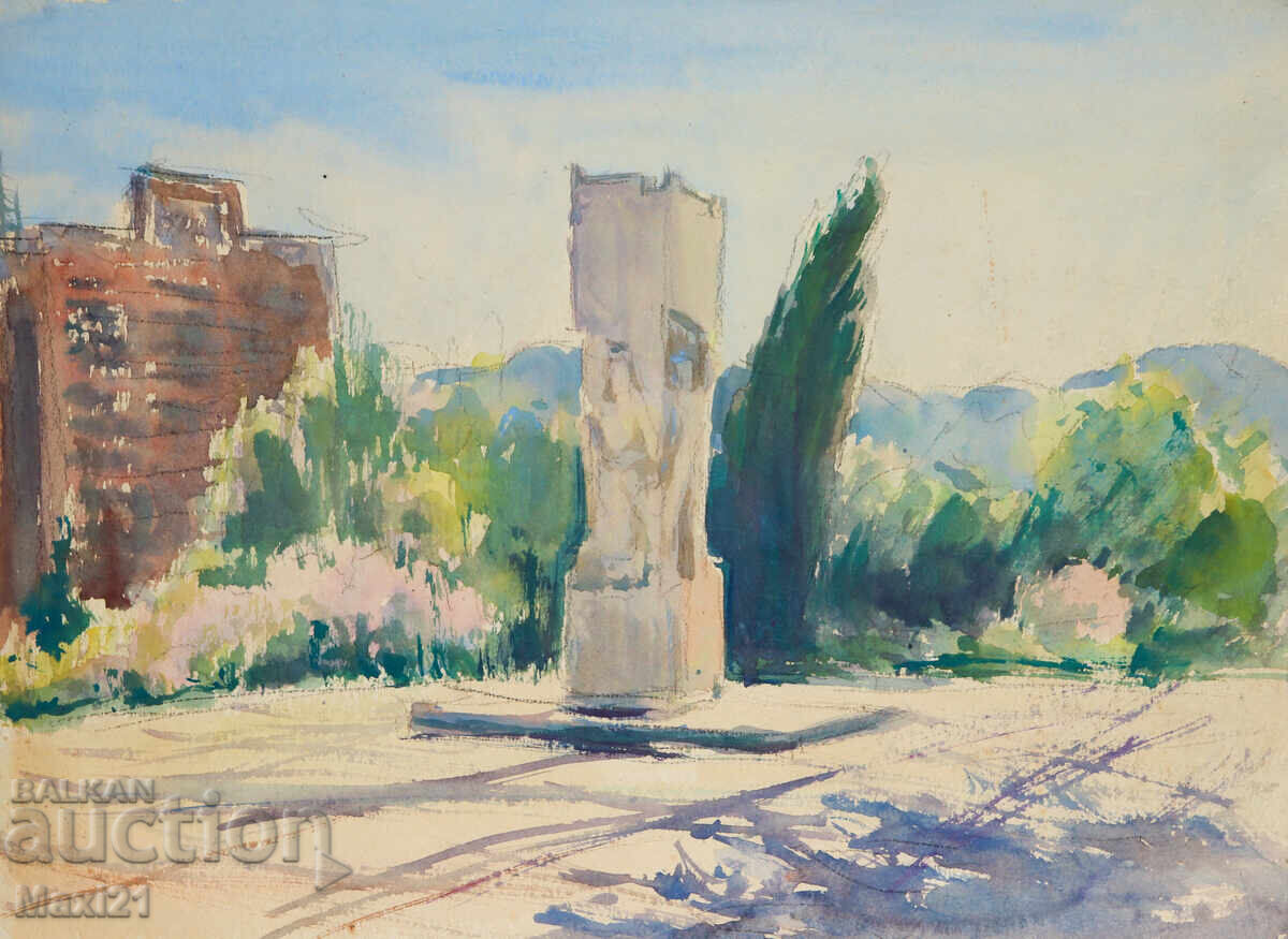 Veche pictură acuarelă peisaj urban monument