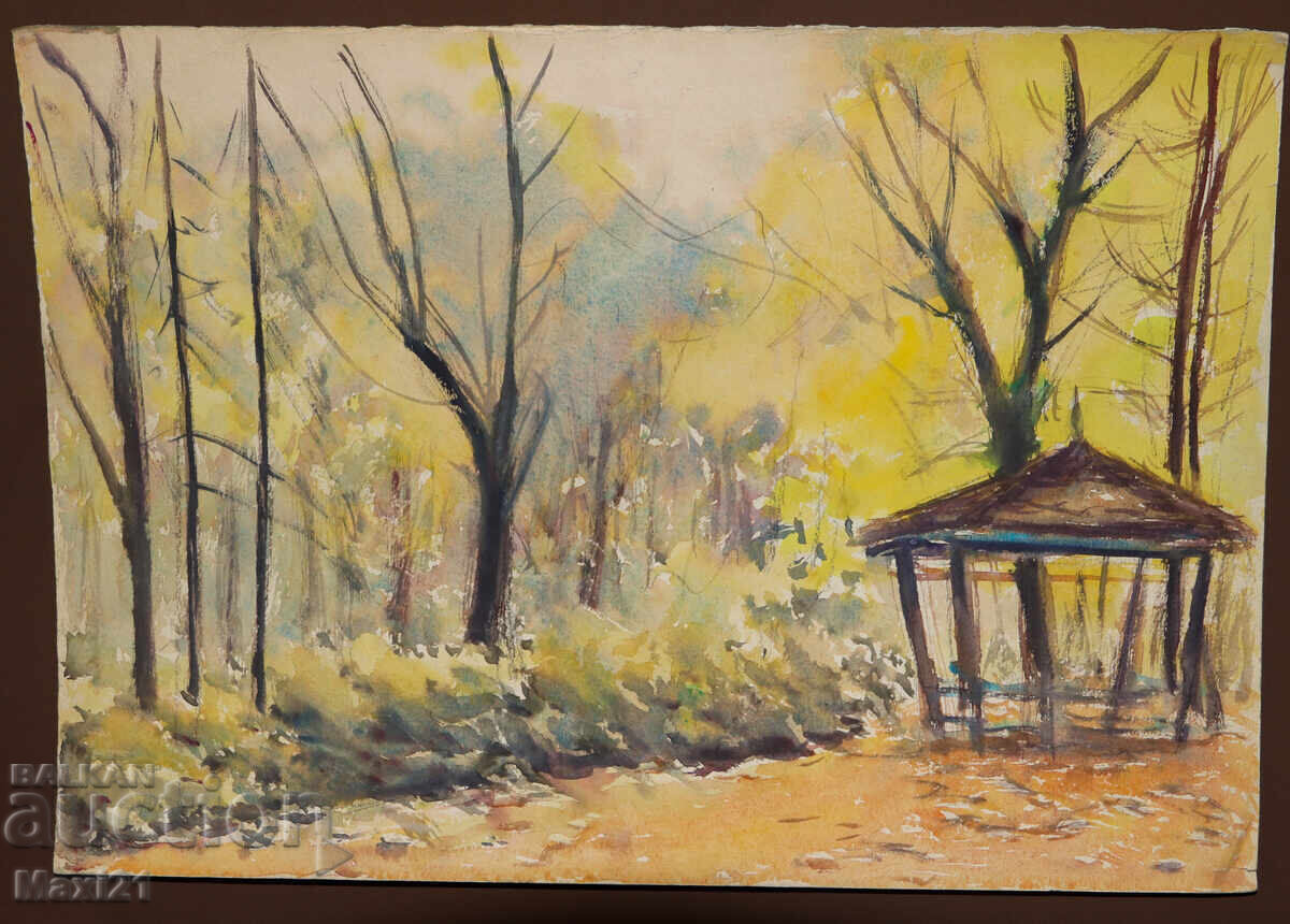 Pictură veche acuarelă peisaj natural toamnă aurie cu preț 150.00 BGN | € 76.69