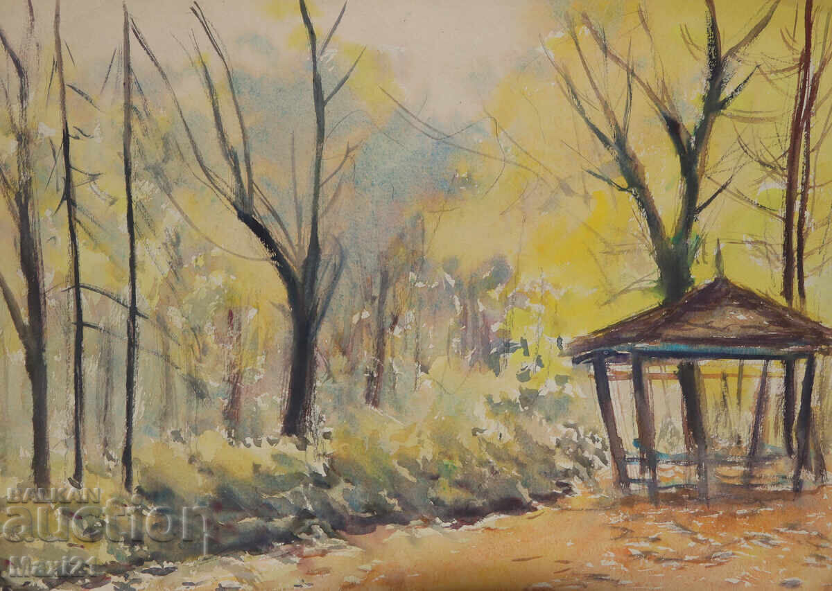 Licitație Pictură veche acuarelă peisaj natural toamnă aurie