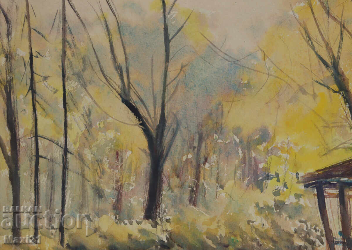 Livrarea Pictură veche acuarelă peisaj natural toamnă aurie