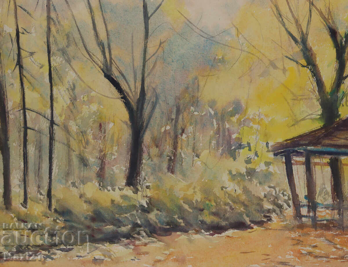 Pictură veche acuarelă peisaj natural toamnă aurie - 5