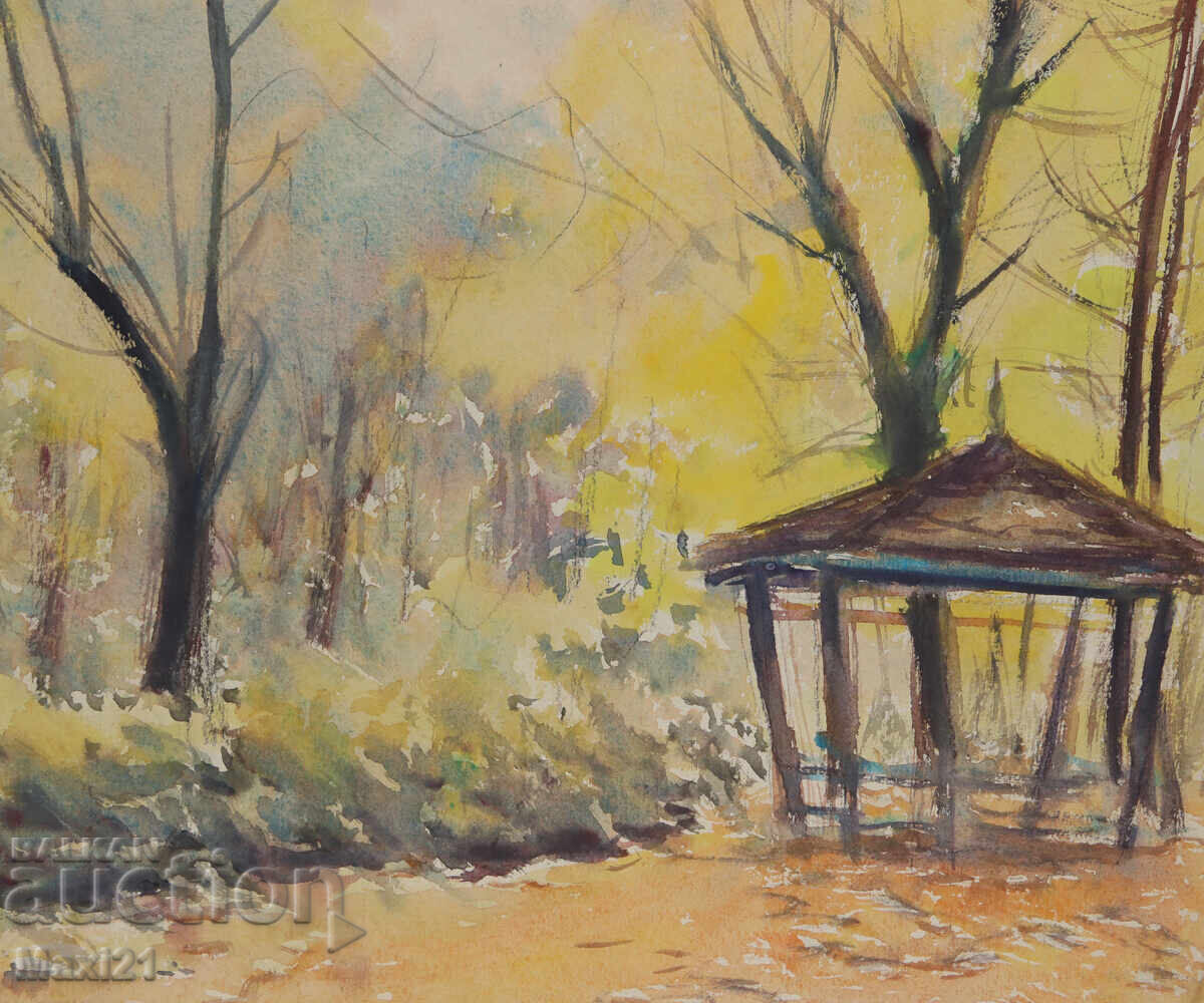 Pictură veche acuarelă peisaj natural toamnă aurie - 6