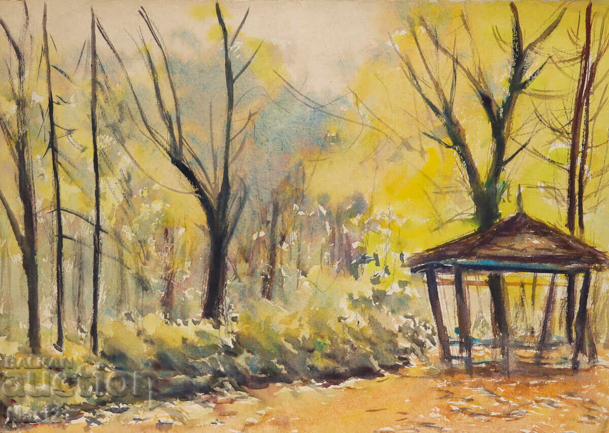 Pictură veche acuarelă peisaj natural toamnă aurie