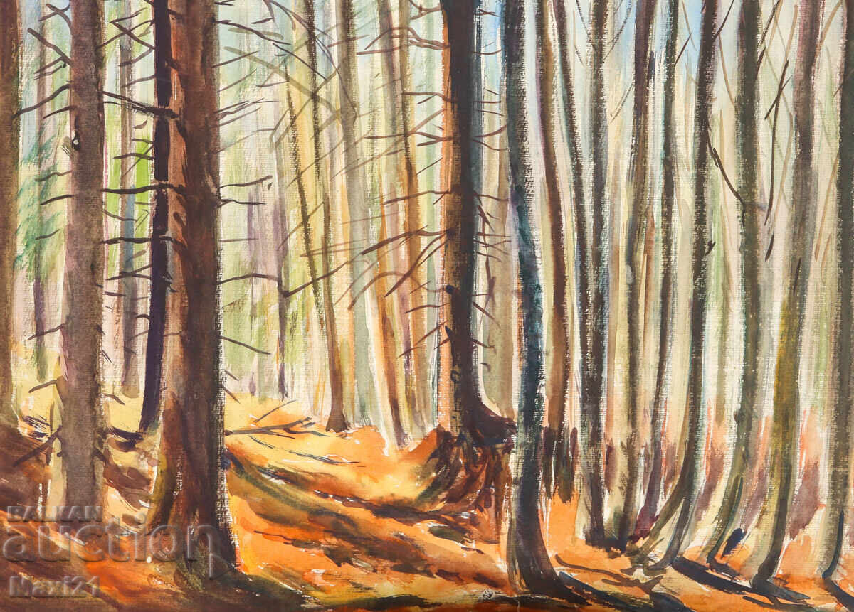 Δημοπρασία Παλαιός πίνακας ακουαρέλας δασικού τοπίου