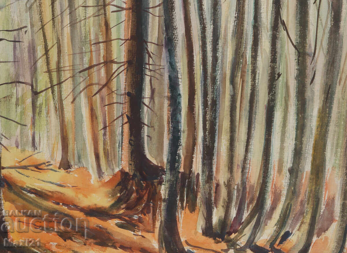 Παλαιός πίνακας ακουαρέλας δασικού τοπίου - 6