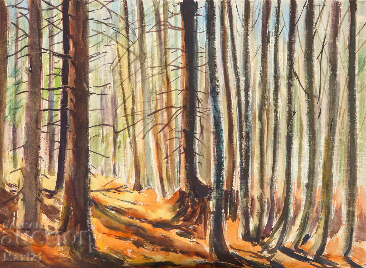 Παλαιός πίνακας ακουαρέλας δασικού τοπίου