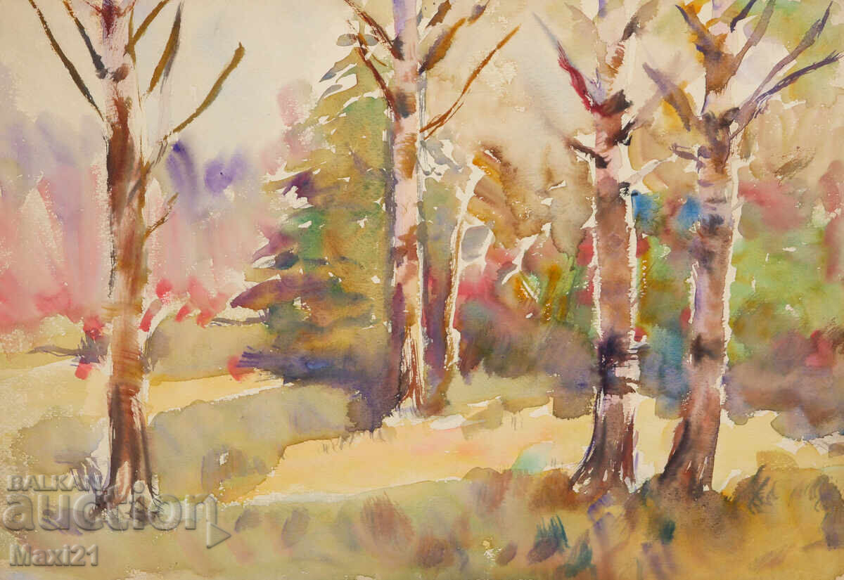 Old watercolor painting landscape nature