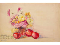 Παλιός πίνακας νεκρής φύσης: βάζο με λουλούδια και φρούτα