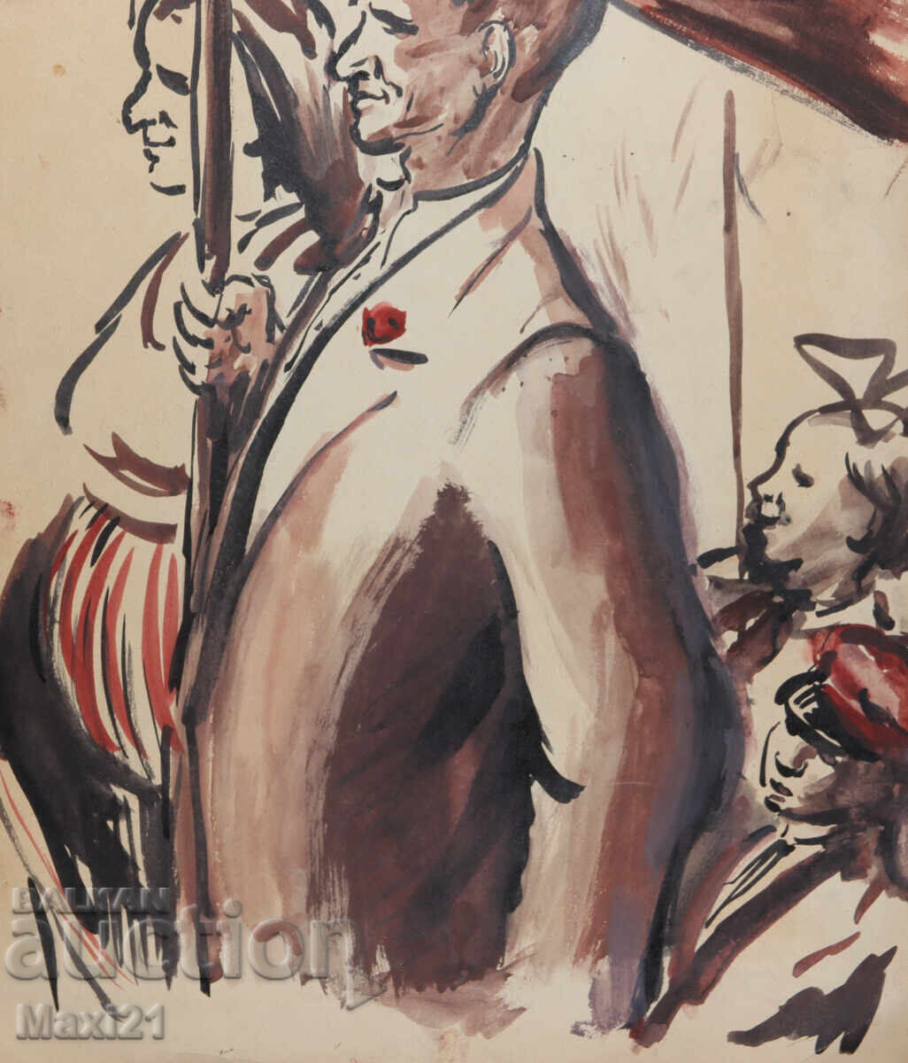 Tablou vechi acuarelă manifestație - 5