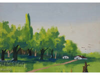 Παλιός πίνακας γκουάς, σκηνή καθημερινής ζωής, τοπίο φύσης