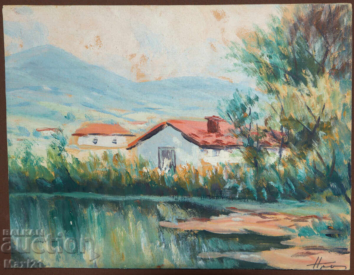 Old gouache painting, genre scene, houses with price 200.00 BGN | € 102.26