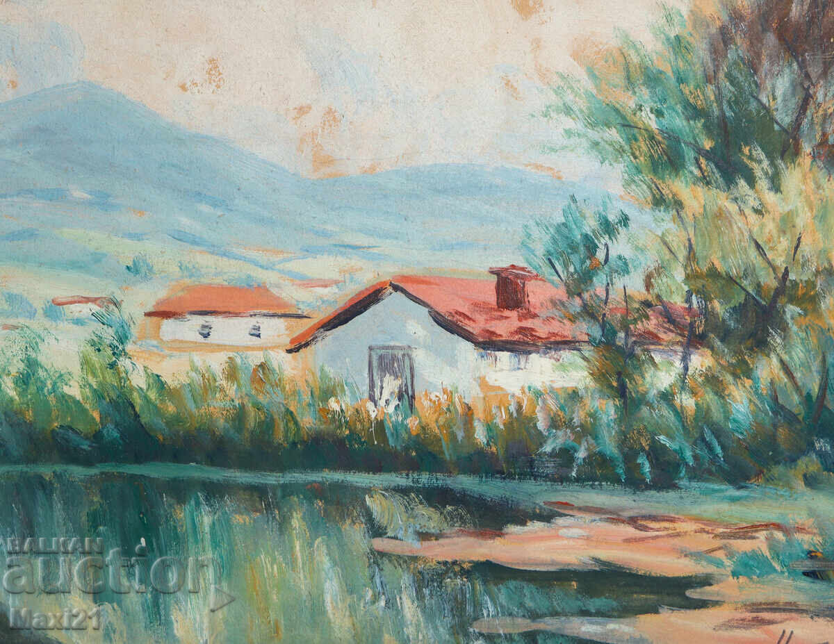 Auction  Old gouache painting, genre scene, houses