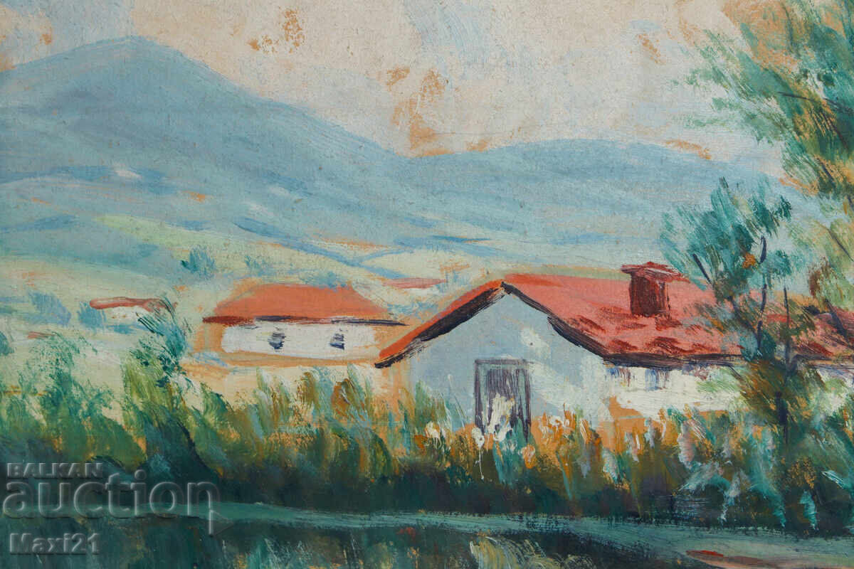 Delivery of Old gouache painting, genre scene, houses