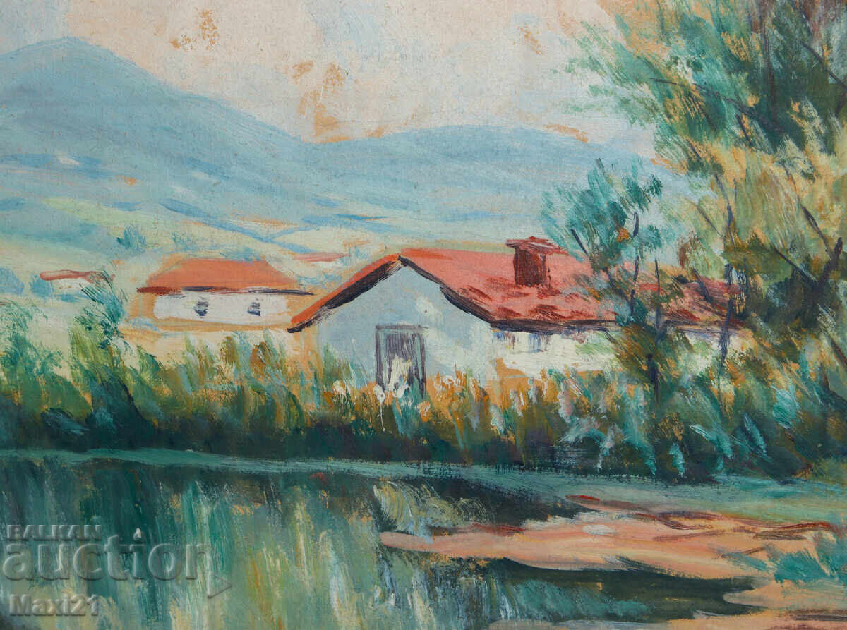 Old gouache painting, genre scene, houses - 5