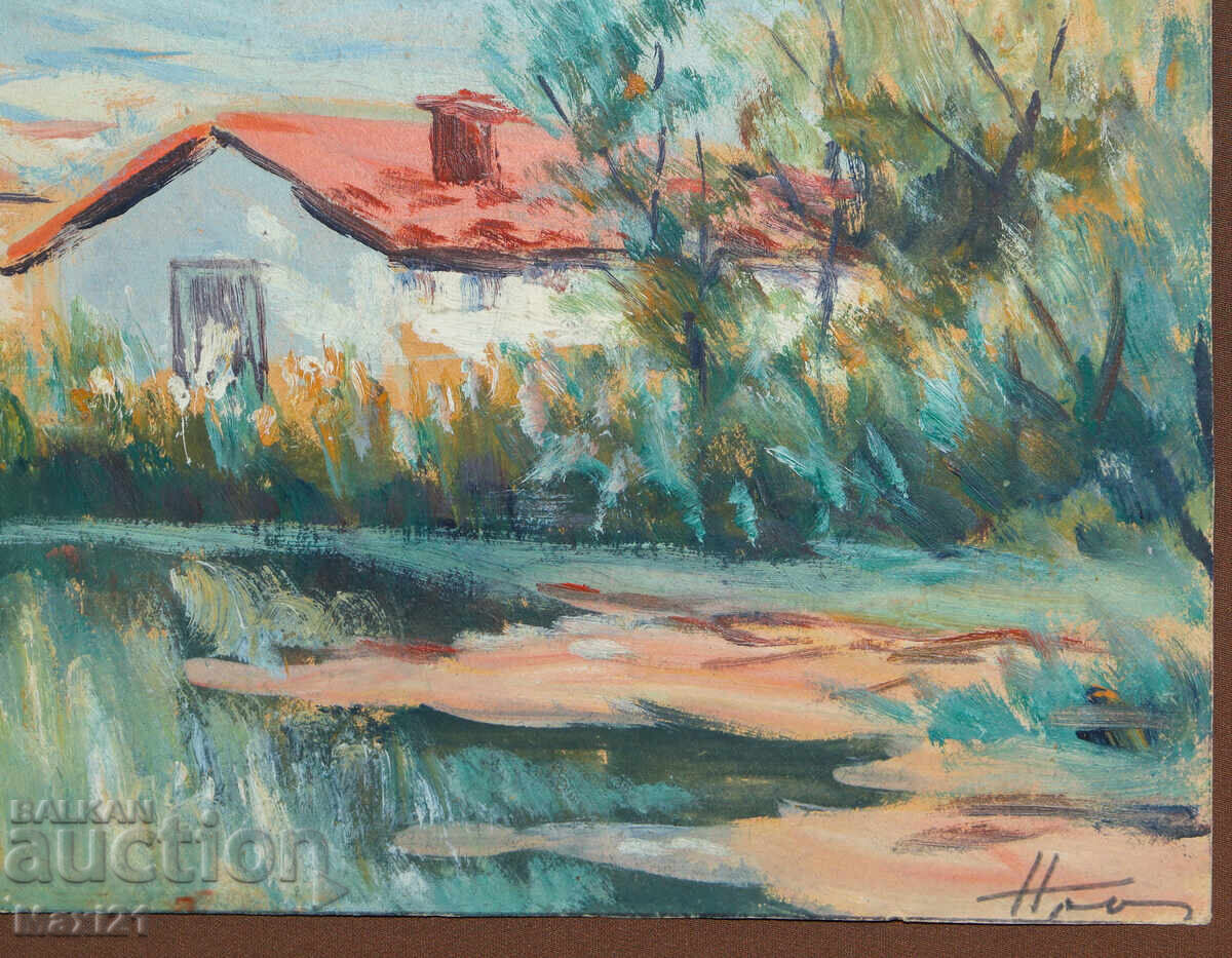 Old gouache painting, genre scene, houses - 6