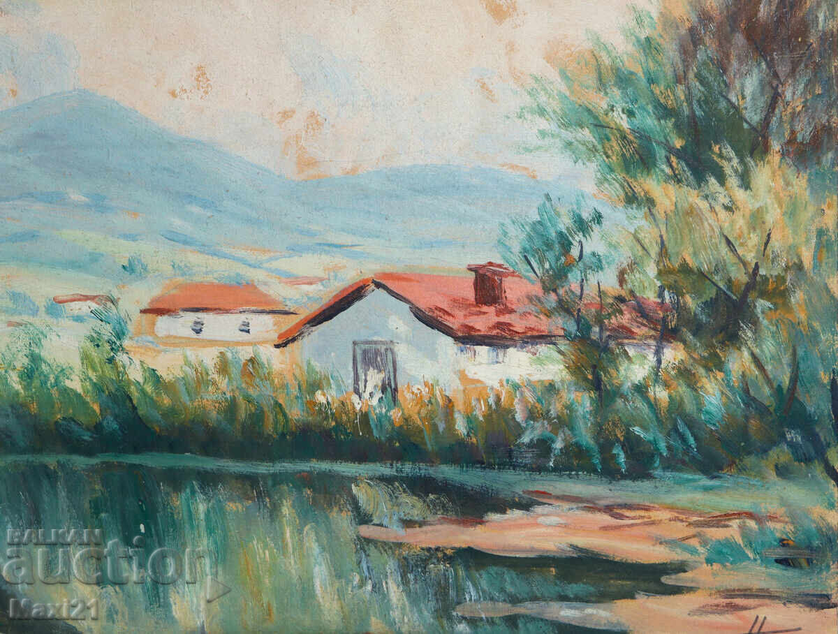 Old gouache painting, genre scene, houses